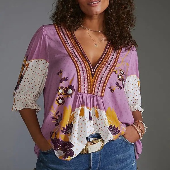 Anthropologie Blnk Stephanie Purple Gold Floral Long Sleeve Top NWT!, Size M - Picture 2 of 10